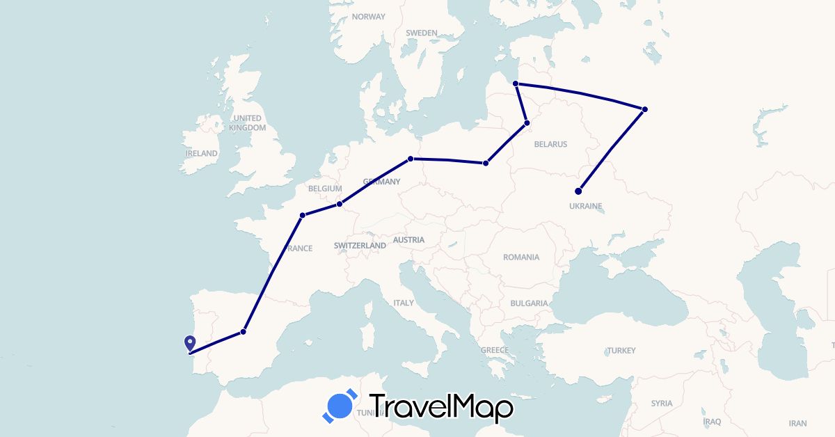TravelMap itinerary: driving in Germany, Spain, France, Lithuania, Luxembourg, Latvia, Poland, Portugal, Russia, Ukraine (Europe)